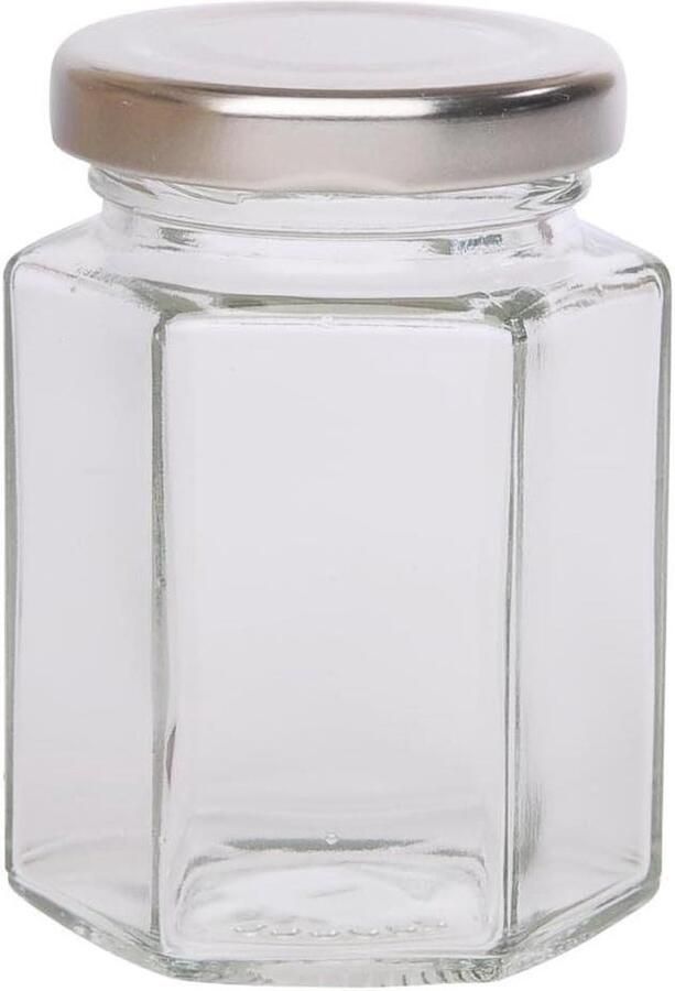 Jampotjes met deksel 30 x kleine inmaakpot 110 ml met zilverkleurig deksel zeshoekige glazen potjes als jampotten kruidenpotjes gastgeschenk enz. te gebruiken-incl. trechter jampotjes met deksel