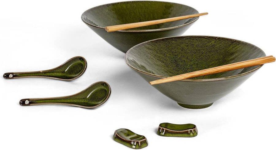 Japanese Ceramic Windows Bowl Set 2 Pieces 1100 ml Pasta Soup Salad Bowls Spoon Chopsticks Green