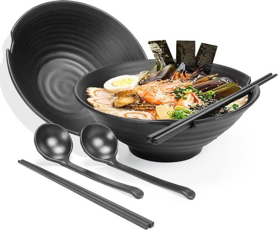 Japanese Windows Bowl Set of 2 Picnic Plastic Cutlery for Salad Soup Soba Pot Noodles Bowls 2×1100ml Camping Party Bowl chopsticks spoon Sets Pack for Dinner Christmas Birthday Gifts