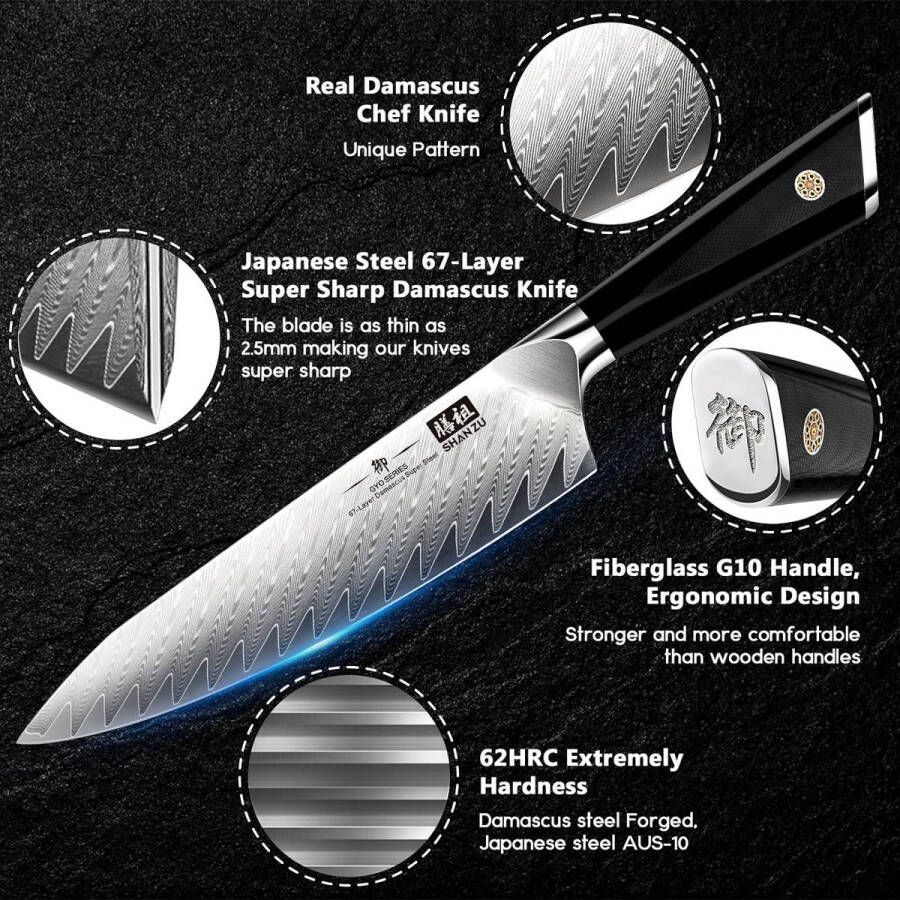 Japans AUS10 Damastmes 20 cm67-laags Keperstof Professioneel High-carbonScherp Mes Met G10-handvat SHAN ZU japanese knife