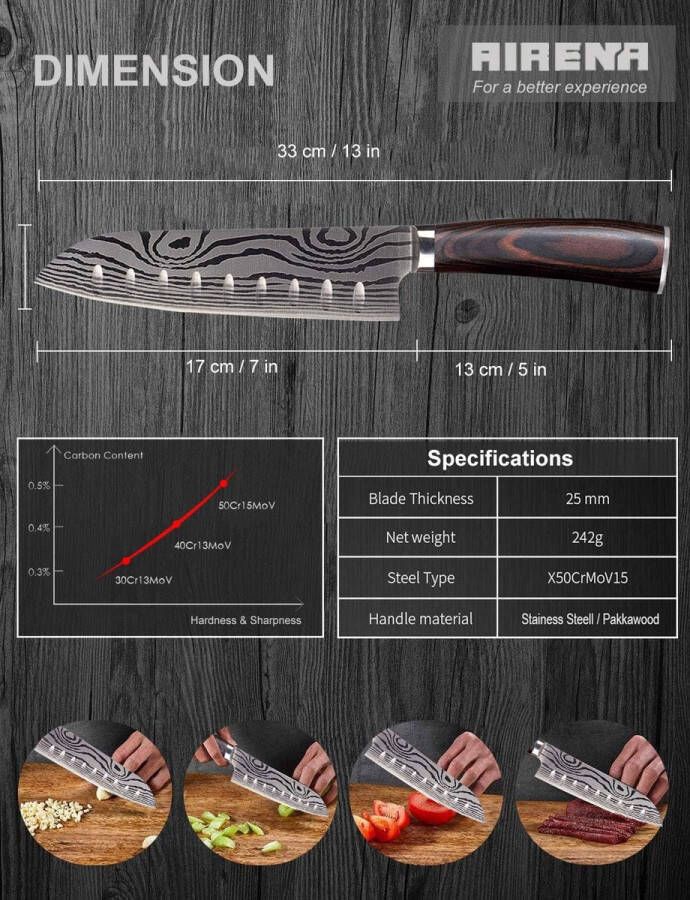 Japans Santoku mes 20 cm koksmes professioneel mes Duits koolstof-roestvrij staal extra scherp lemmet met ergonomische handgreep ideaal voor thuis en keuken