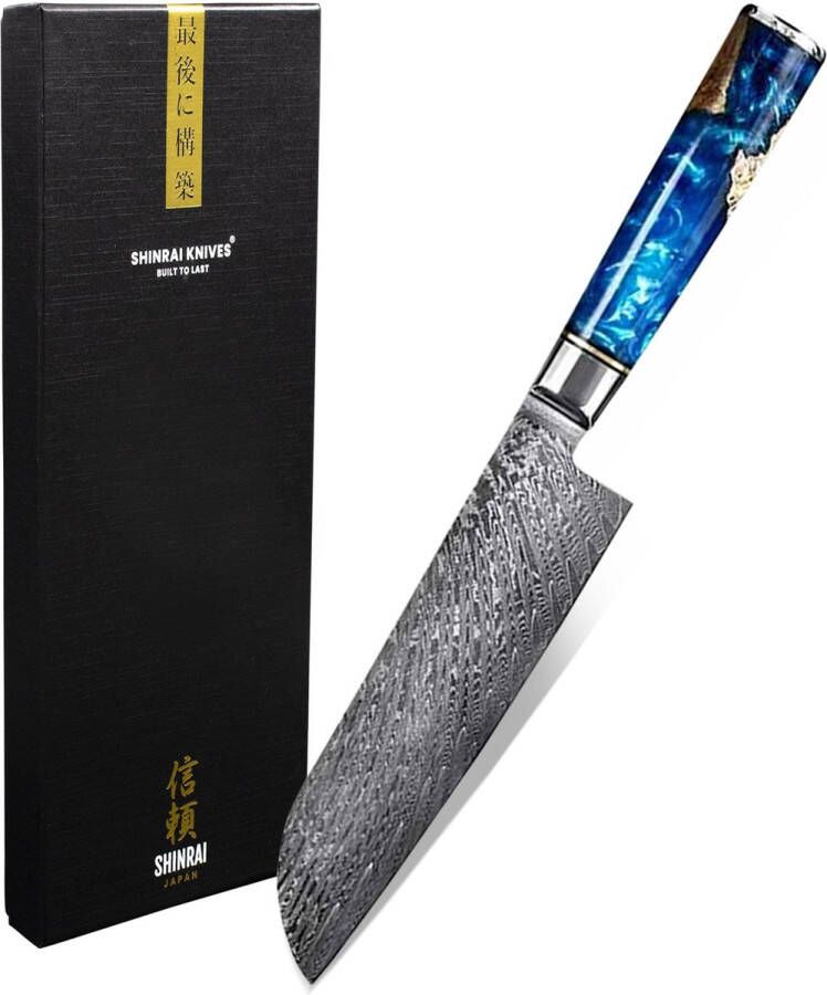 Shinrai Japan Japans Santokumes 18 cm Koksmes Damascus Mes Epoxy Sapphire Met Luxe Geschenkdoos