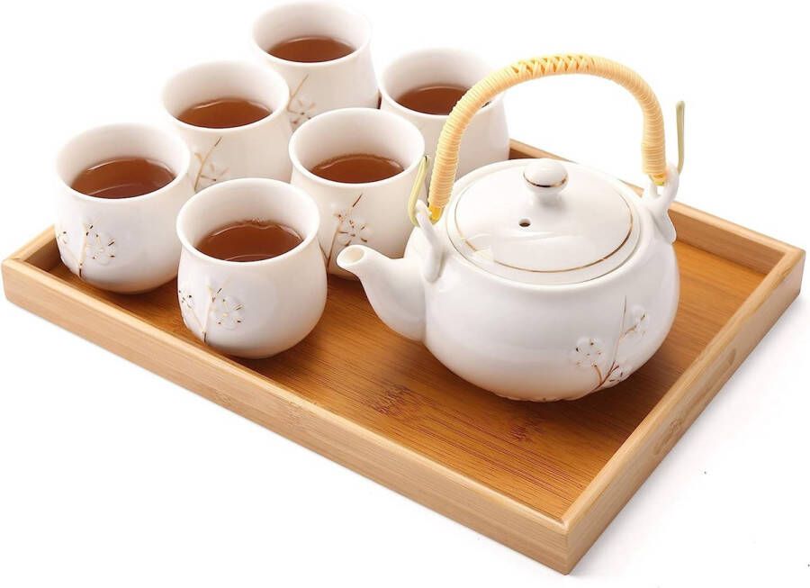 Japans theeservies van wit porselein met 1 theepot 6 theekopjes 1 dienblad 1 thee-ei zoete Aziatische theeset voor theeliefhebbers (pruim in goud)