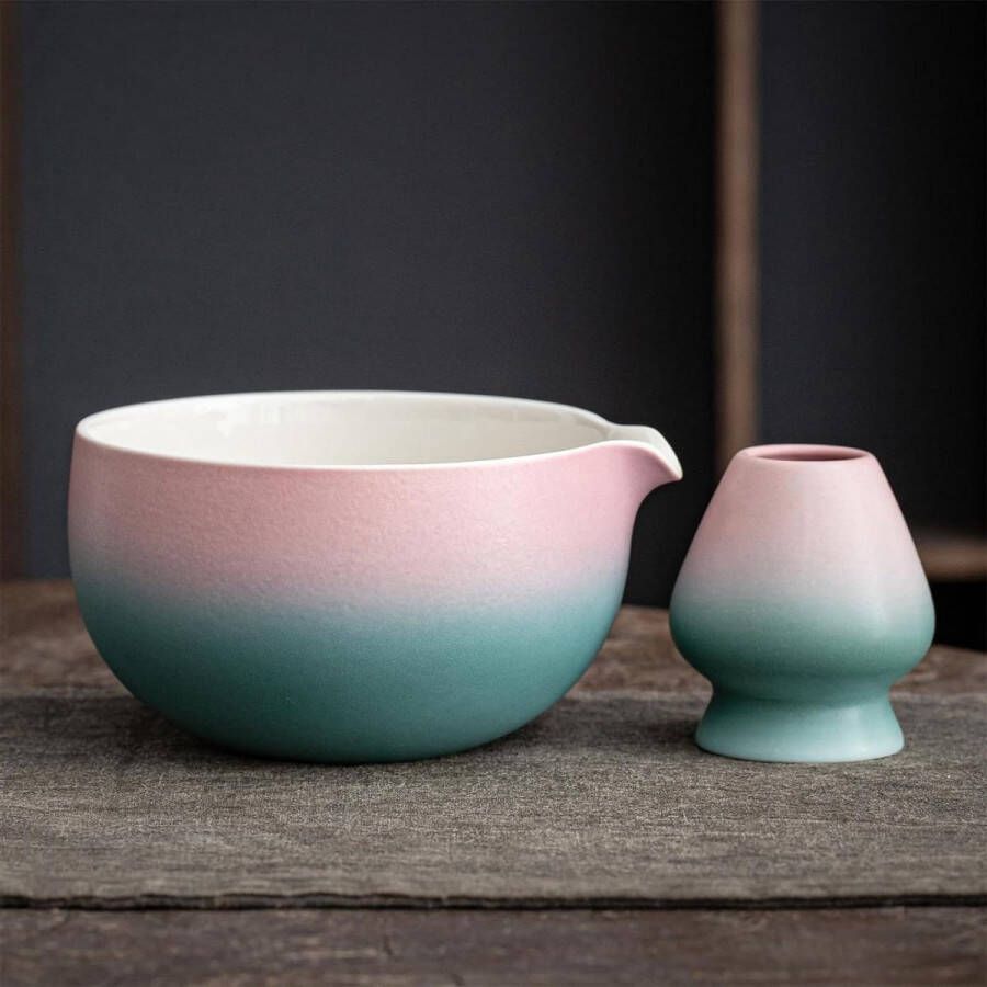 Japanse Keramische Matcha Kom met Garde houder 18oz.K11 Gradiënt Roze Groen Chawan Matcha Tea Bowl Matcha Thee Kommen Voor Matcha Keramische Matcha Bowl