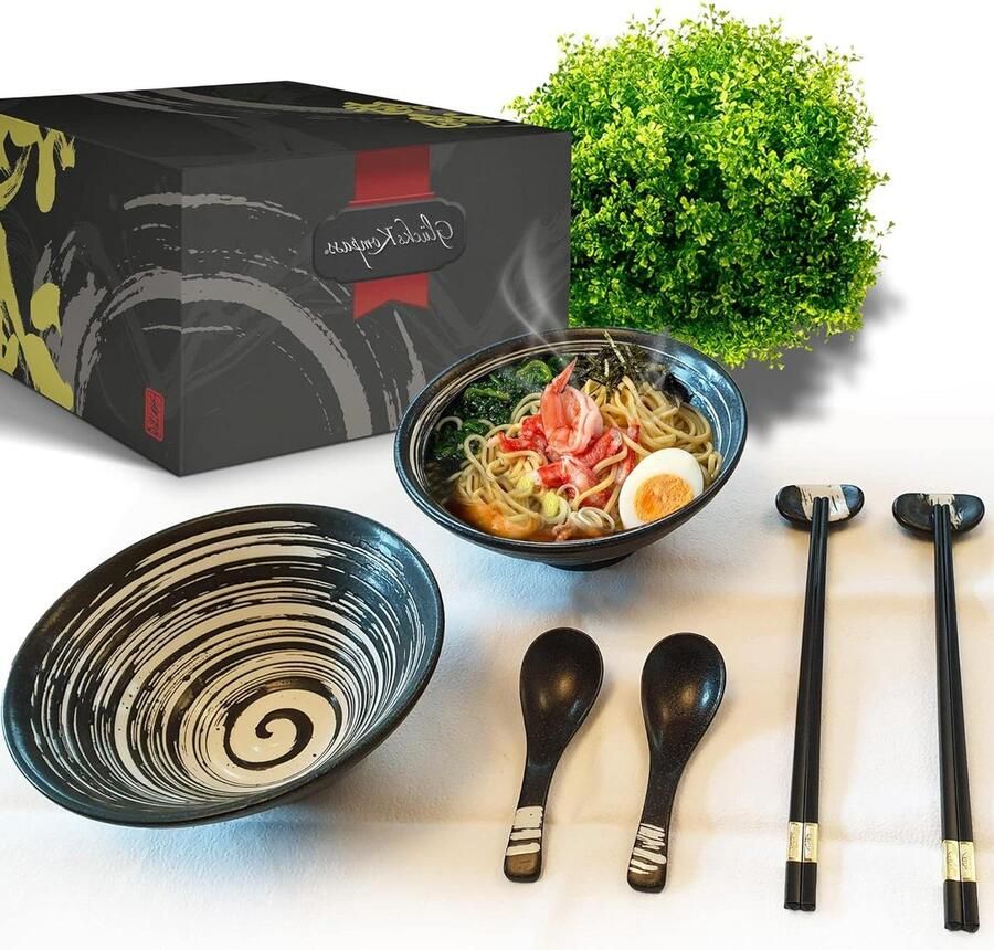 Japanse keramische ramenkomset (8 stuks) groot: diameter 20 cm Kom soepkom Aziatische rijstkom Thaise schalen lepel eetstokjes Harmony. Schalen set