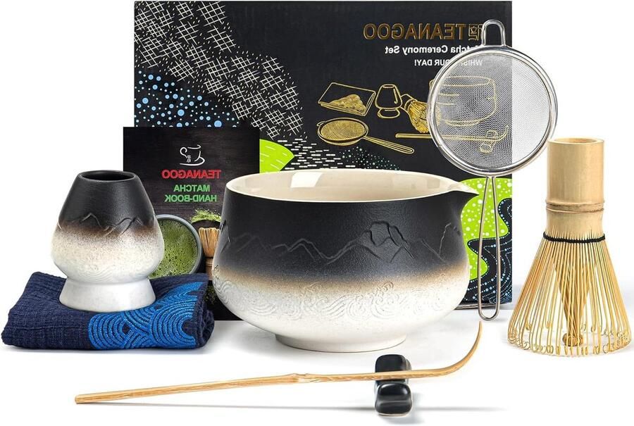 Japanse Matcha Garde Set 7 stuks Bamboo Matcha Kit met Giettuit en Whisk Holder Wit ZwartGradient N34