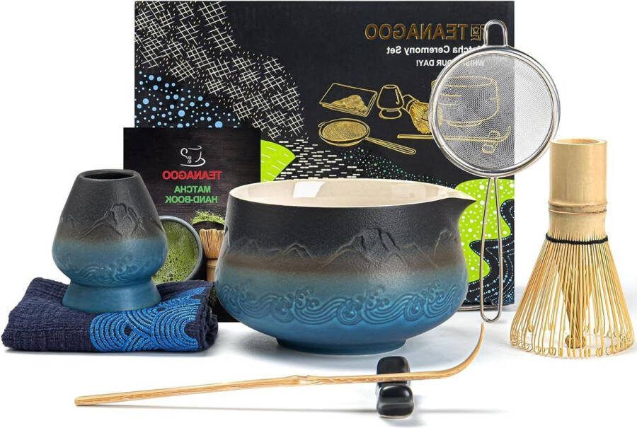 Japanse Matcha Garde Set Bamboe Garde en Schep Matcha Kom met Giettuit Houder 7 stuks Gradient Navy Zwart