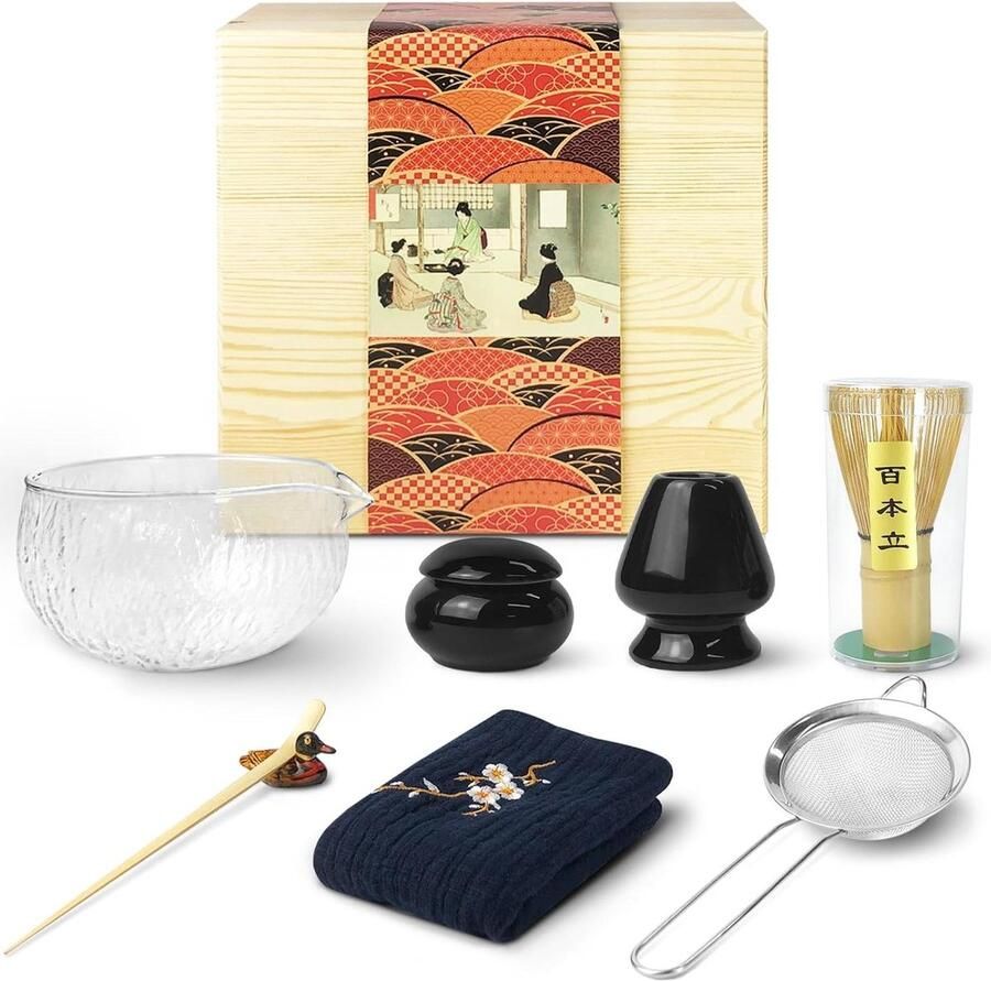 Japanse Matcha theeservies- glazen matcha kom met schenktuit- matcha garde- keramische gardehouder- poeder caddy- houten koffer- handgemaakte matcha ceremonie kit Japanse theeceremonie Matcha Set