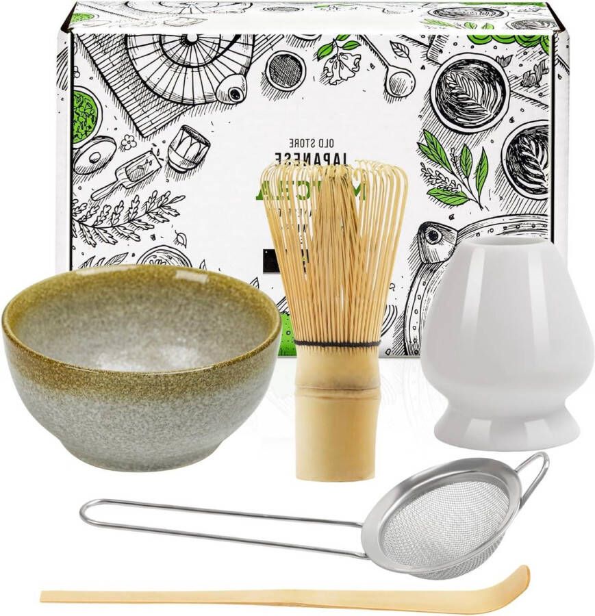 Japanse Matcha Theeset 5-delig Garde Set met 100 Prong Garde Gardehouder Traditionele Schep Thee Zeef Keramische Matcha Bowl Theeceremonie Accessoire Matcha maken