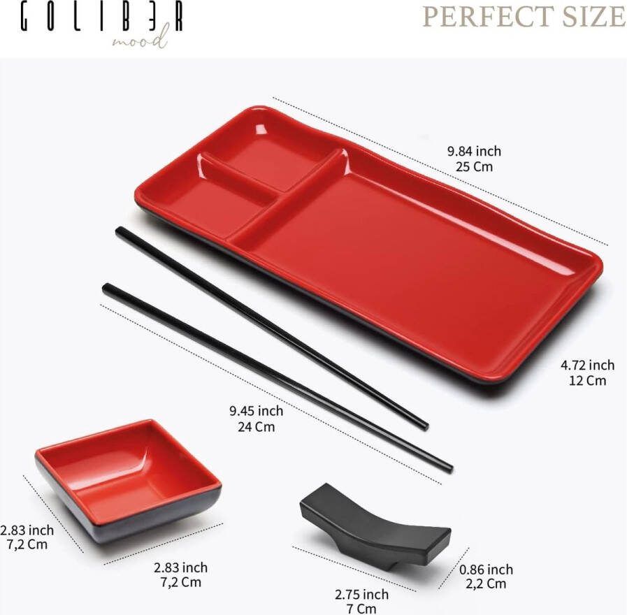 Japanse Melamine Sushi Gerechten Set (8 stuks) Bevat 2 Zwarte Gerechten 2 Sauskommen 2 Eetstokjes en 2 Eetstokjes Dienblad Aziatische Gerechten Set (Rood)