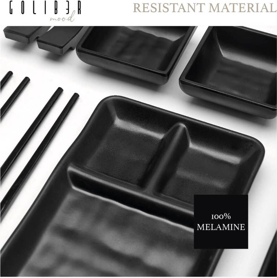 Japanse Melamine Sushi Gerechten Set (8 stuks) Bevat 2 Zwarte Gerechten 2 Sauskommen 2 Eetstokjes en 2 Eetstokjes Dienblad Aziatische Gerechten Set (Zwart)