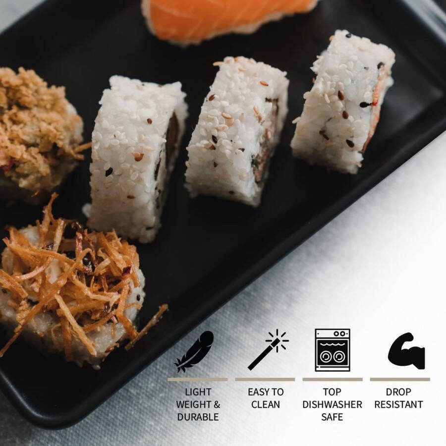 Japanse Melamine Sushi Gerechten Zwarte Set (16 stuks) Bevat 4 Zwarte Gerechten 4 Sauskommen 4 Eetstokjes en 4 Eetstokjes Dienblad Aziatische Gerechten Set (Zwart)