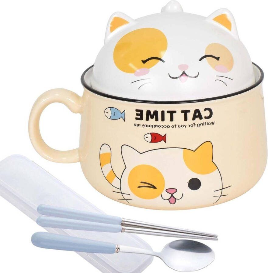 Japanse Ramenbowl Set Kommenset 1020 ml Kom met Deksel Keramische Kom Instant Noedelschaal Soepkom Dessertkommen Noedels Soep (Geel)