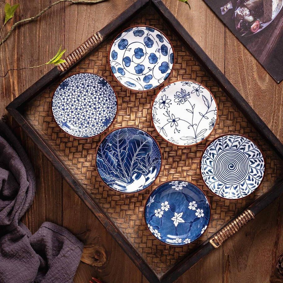 Japanse stijl keramische dompelkommen voor sushi set van 6 (blauw en wit) Schalen set