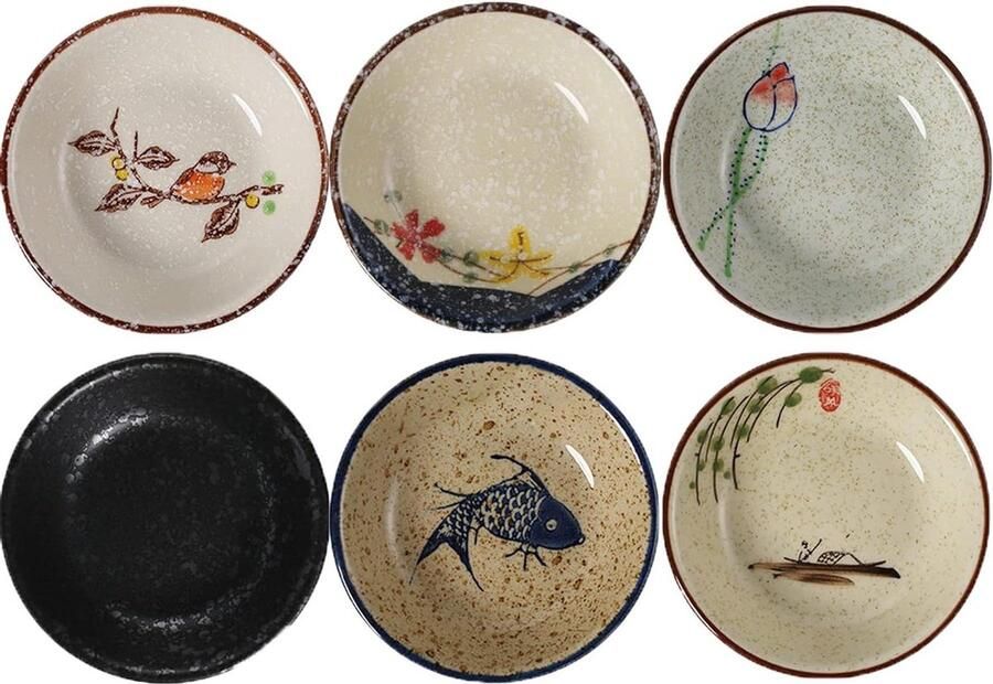 Japanse stijl Sojasausschaaltjes keramische tapas-schalen dipschaaltjes porselein snackschalen set van 6 Ø 10 cm Theezakjes schoteltje