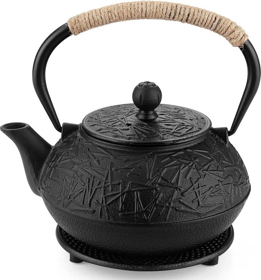 Japanse theepot gietijzeren theepot met roestvrijstalen filter 30 oz 0 9 l theepot met anti-verbrandingshandvat en onderzetter voor thuis en op kantoor met geëmailleerde binnenkant (dennennaalden)