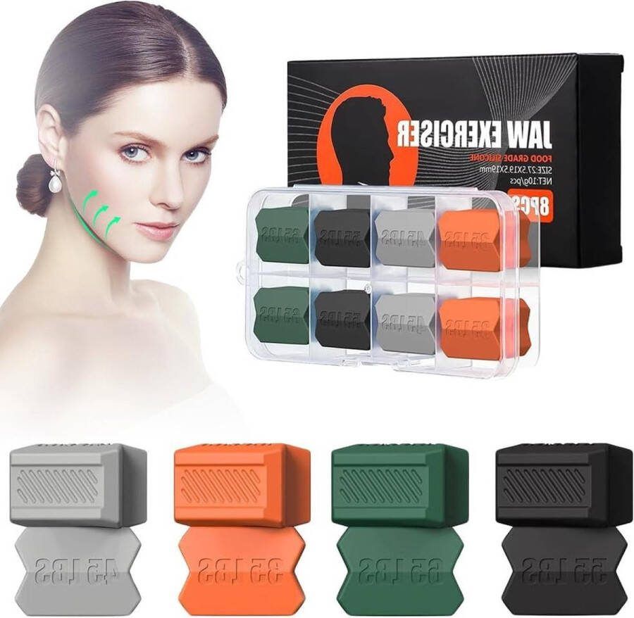 Jawline trainer siliconen pijnvouwtrainer set kaaktrainer met 4 gekleurde banden 4 weerstandsniveaus kaakplooi bijtring oefenapparaat voor mannen en vrouwen