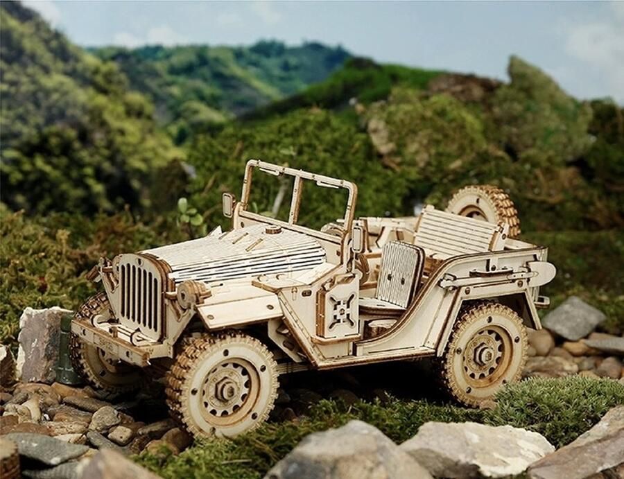 Jeep 3D Puzzel Modelbouwpakket Auto Hout Bouwpakket Bouwpakketten Volwassenen en Kinderen Building Kit Hout Puzzel Zonder lijm Schaal 1:18 369 Stukjes