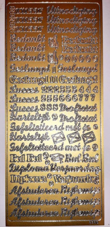 JEJE1710 1x stickervel zelfklevend goud stickers teksten & cijfers- Hartelijk Gefeliciteerd succes geslaagd bedankt zomaar diploma rijbewijs gouden tekst divers