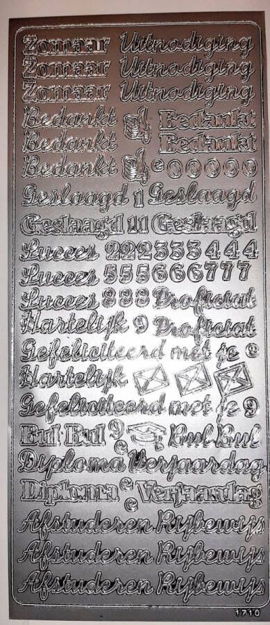 JEJE1710 1x stickervel zelfklevend zilver stickers teksten & cijfers- Hartelijk Gefeliciteerd succes geslaagd bedankt zomaar diploma rijbewijs zilveren tekst divers