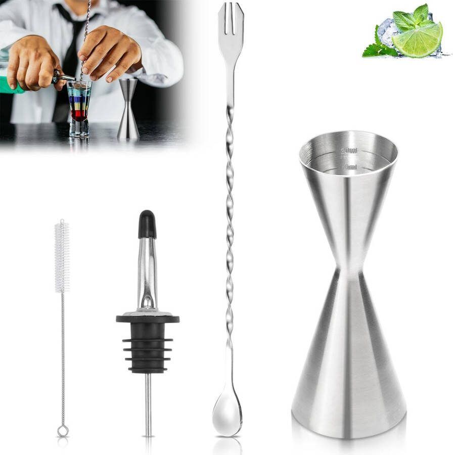 Jigger maatbeker Cocktail 304 roestvrij staal voor cocktails 30 ml 60 ml schaalverdeling Dual Gin maatbeker met menglepel met schenktuit borstel voor bar party wijn drankshaker zilver