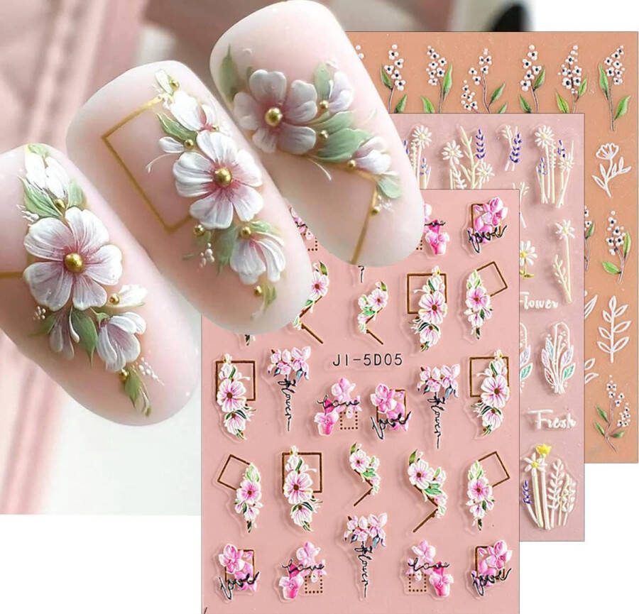 JMEOWIO 3D Bloem Nagelstickers 4 Vellen Nail Art Nagel Sticker Zelfklevende Decoratie Nageldesign