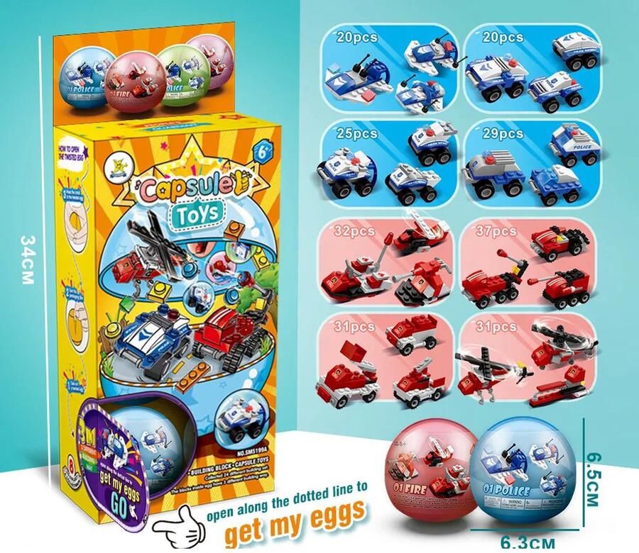 JMShops Capsule Toys Building Blocks Politie Brandweer (Set van 8) Speelgoed voor kinderen Verassing ei Bouwstenen Verjaardagscadeaus Politiewagen Brandweerwagen Politieauto