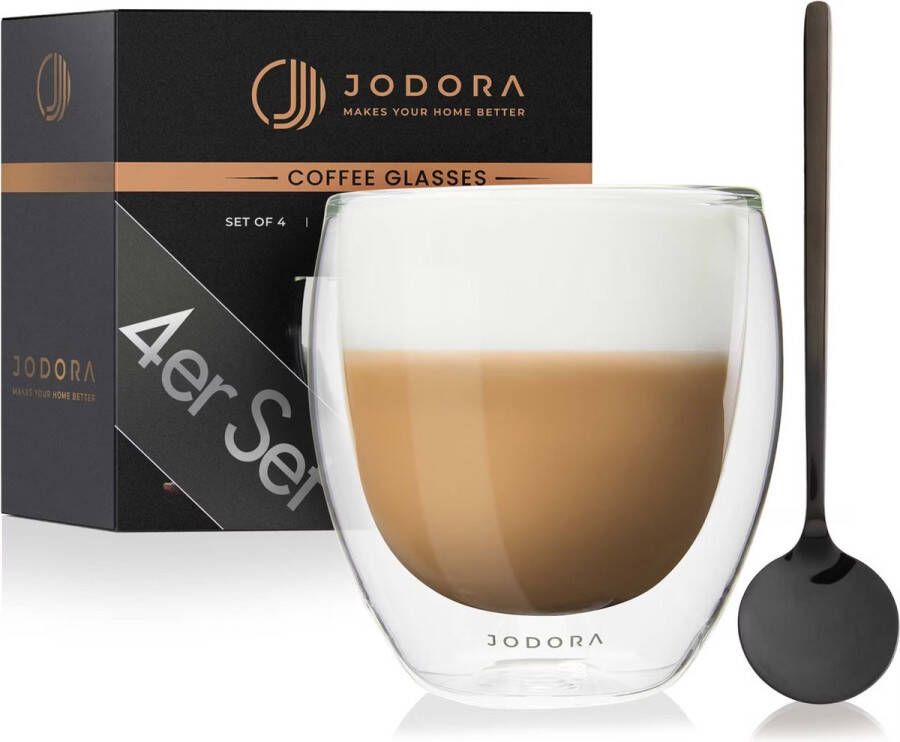 Jodora Set van 4 Dubbelwandige thermische koffieglazen 250 ml met 4x zwarte RVS lepel -geschenkdoos