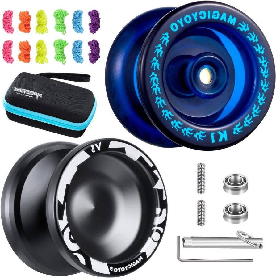 Jojo 2-pack zwart V3 en blauw K1 Perfect Responsieve Jojo's voor kinderen Yoyo met ongevoelig Yoyo magazijn Professionele Yoyo voor gevorderde jojo-spelers 12 Yoyo-snaren Opbergtas
