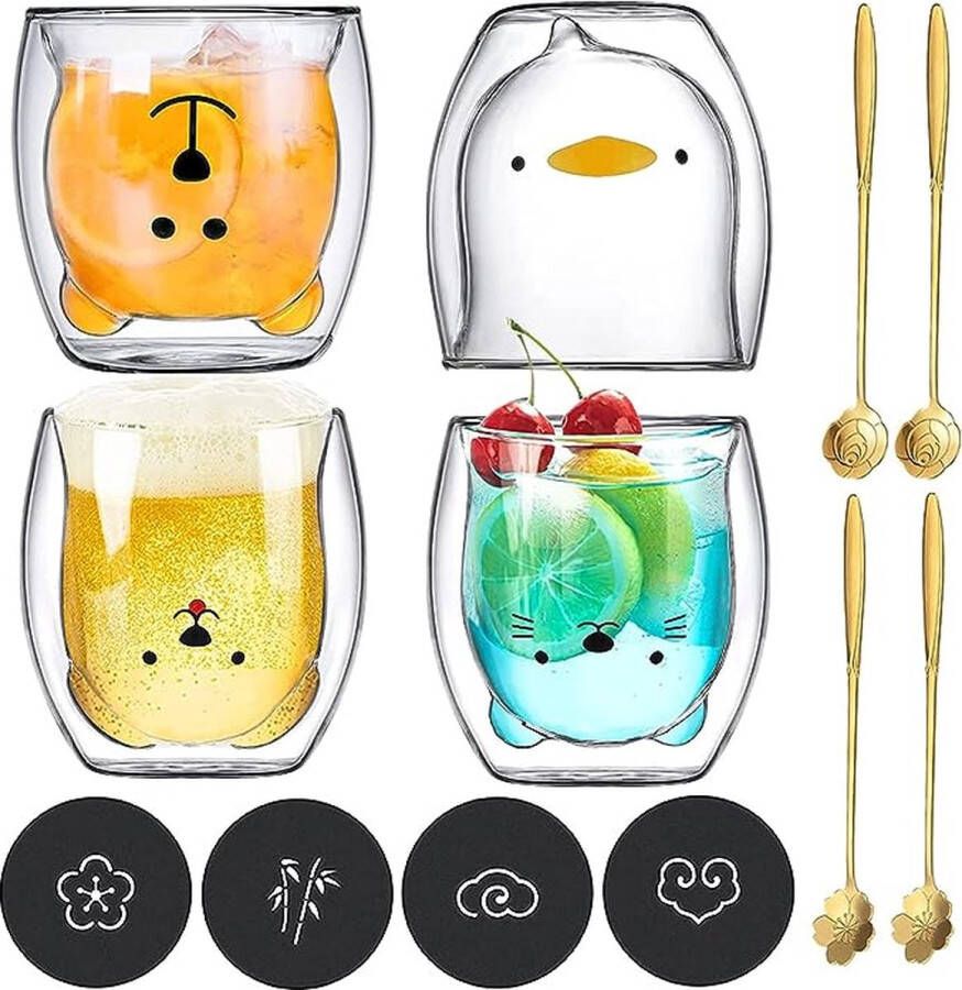 JOTOL Dubbelwandige Glazen 4pcs Dubbelwandige Isolatieglazen met Lepel en Onderzetter Koffieglas Theeglazen Drinkglazen Espressoglazen Beker Creatieve Melkkopje Whisky Geschenk Mokken