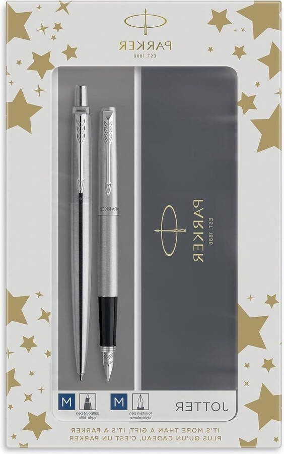 Jotter duo geschenkset balpen en vulpen roestvrij staal chromen afwerking blauwe inkt geschenkverpakking