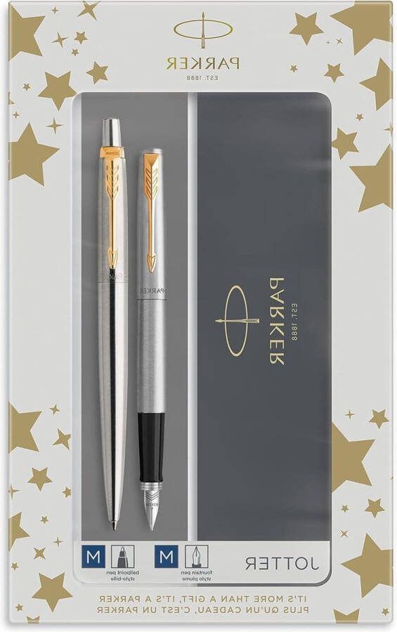 Jotter Duo geschenkset balpen en vulpen roestvrij staal gouden afwerking blauwe inkt navulling cartridges geschenkdoos