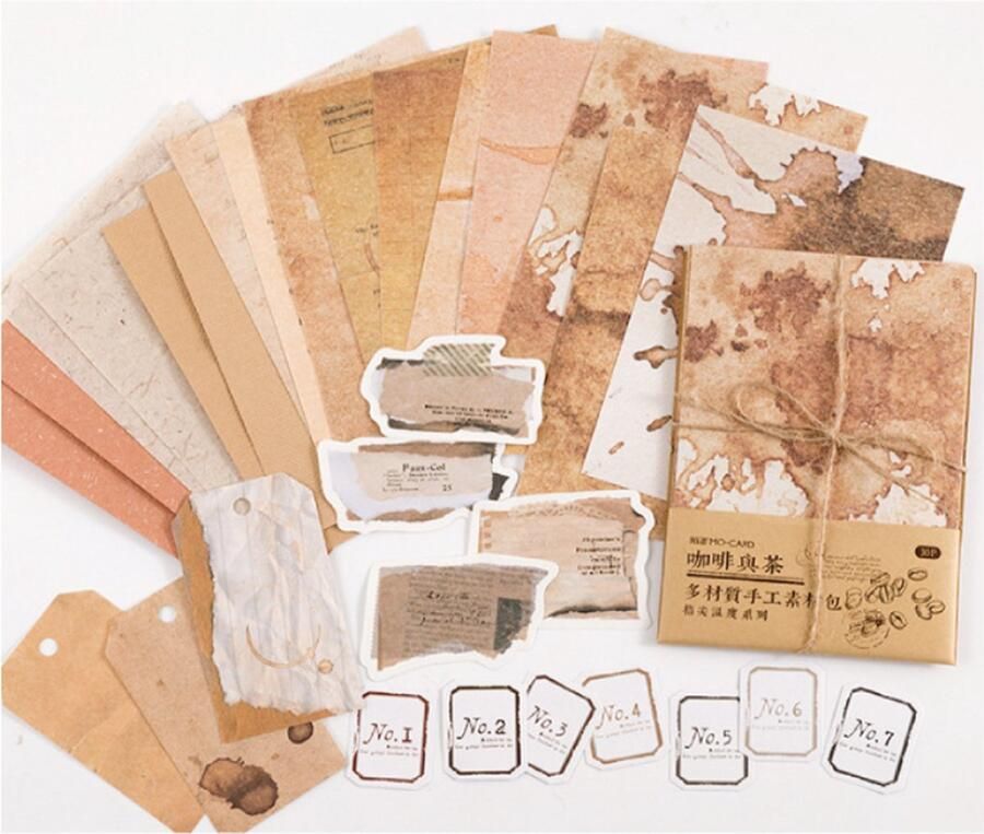 Journaling Papier Set 30 vellen Vintage Vlekken Koffie Thee Bloemen Voor o.a. bulletjournal scrapbooking en kaarten maken