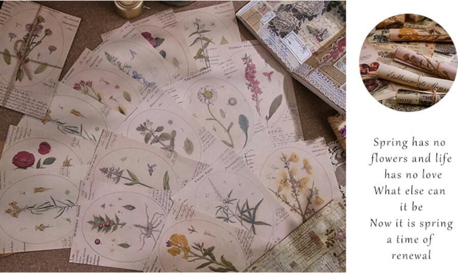 Journaling Papier Set Vintage Bloemen Vintage Flower Book Vintage Papier Set 30 stuks voor o.a. bulletjournal scrapbooking en kaarten maken