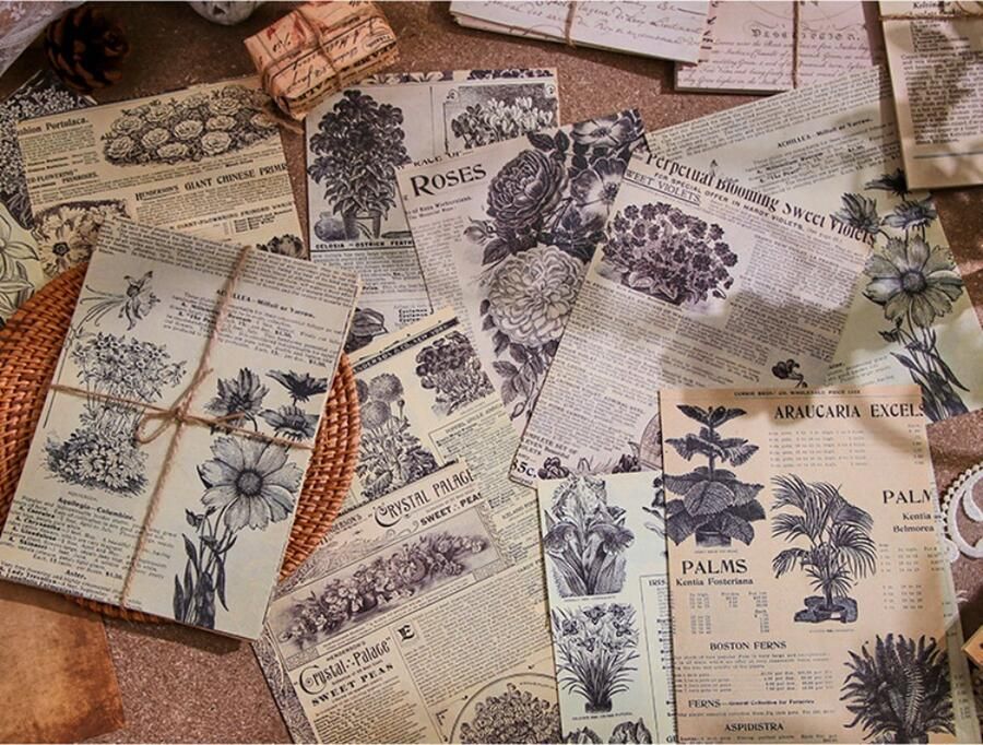 Journaling Papier Set Vintage Flowers Vintage Flora Book Pages Vintage Papier Set 30 stuks voor o.a. bulletjournal scrapbooking en kaarten maken