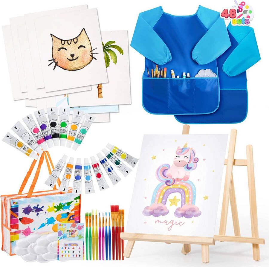 JOYIN 48 stuks schilderaccessoires voor peuters en kinderen met 12 penselen 10 schilderdoeken 2 tafelezels 2 kunstkoffers 18 acrylverfpaletten kleurinstructies reistas