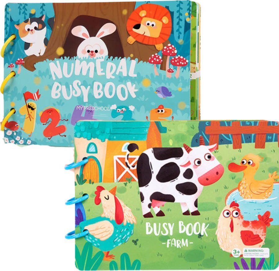 Joymaxx Busy Board Book Boerderij en Nummer Montessori Quiet book Set van 2 Speelgoed voor Peuters Sticker boeken