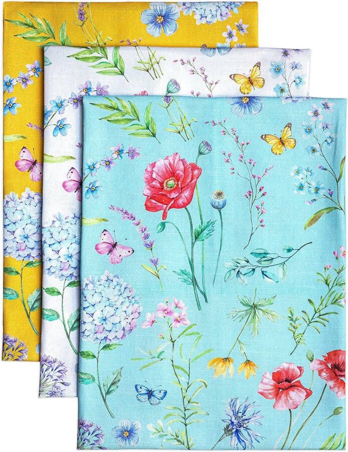 Just Florals 100% katoen set van 3 multifunctionele keukenhanddoeken barhanddoeken lente zomer (50 cm x 70 cm)