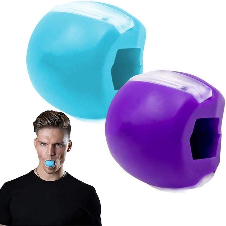 Kaaktrainer bal 2 stuks kaaklijn kauwoefenaar dubbele kin oefenbal kaaklijn definiëren fitness bal hals gezicht toning kaak kauwbal blauw paars