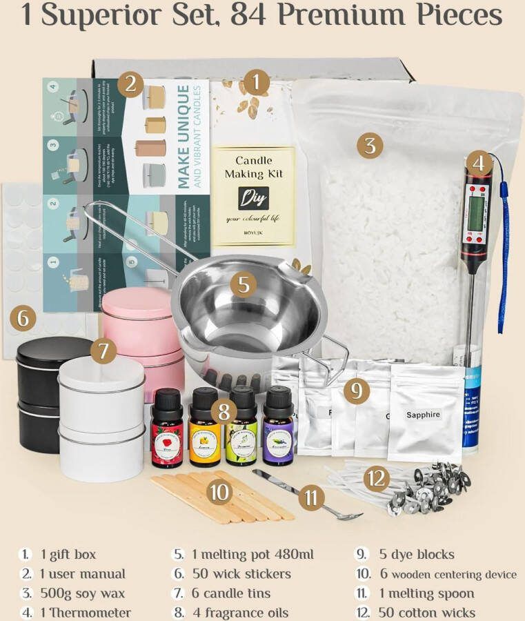 Kaars maken kit doe-het-zelf kaarsen maken kits voor volwassenen en beginners benodigdheden voor het maken van kaarsen met sojawas smeltpot roerlepel geuroliën kleurstofblokken