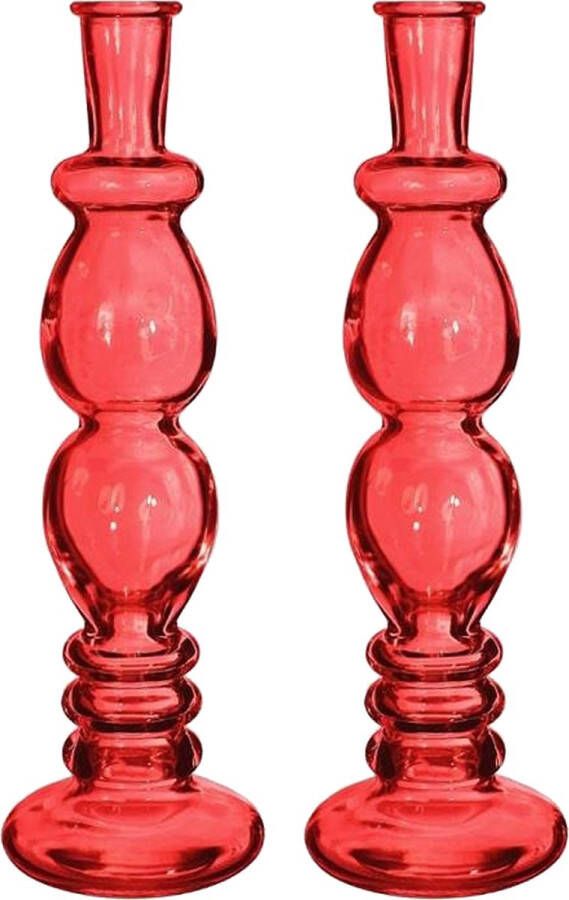 Merkloos Kaarsen kandelaar Florence 2x koraal rood glas helder D9 x H28 cm kaars kandelaars