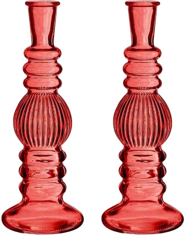 Merkloos Kaarsen kandelaar Florence 2x koraal rood glas ribbel D8 5 x H23 cm kaars kandelaars