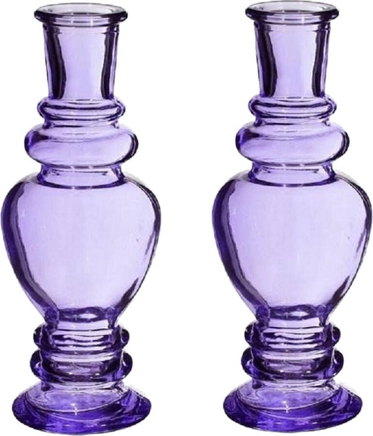 Merkloos Kaarsen kandelaar Venice 2x gekleurd glas helder paars D5 7 x H15 cm kaars kandelaars