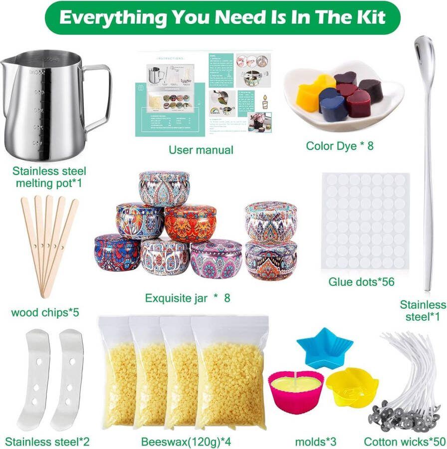 Kaarsen zelf maken set kaarsen maken kit DIY kaarsen maken accessoires geurkaars geschenken set bijenwas kaars lont 8 kaarsenblikjes 4 kleuren kleurstoffen siliconen vorm ectkaarsen kunst