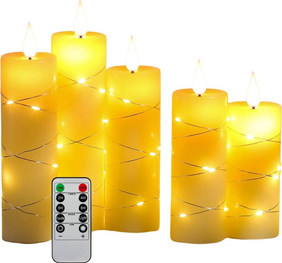 Kaarslichten Ledkaarsen batterijkaarsen met ingebouwde lichtslinger 5 vlamloze kaarsen met afstandsbediening met 10 toetsen 24-uurstimerfunctie dansende vlam echte was (batterijen niet inbegrepen)