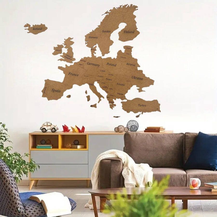 Kaart Europa muurdecoratie Wanddecoratie Bruin Houten art Muurdecoratie Line art Wall art Bohemian Wandborden Woonkamer 100x90cm