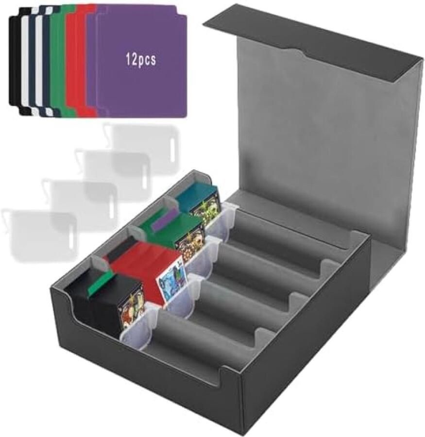 Kaartenbox voor MTG-kaarten 4 regels deck box met 12 gekleurde scheidingswanden Capaciteit van 3000+ TCG-kaarten Magnetische flip deck box Deck box voor TCG CCG-kaarten