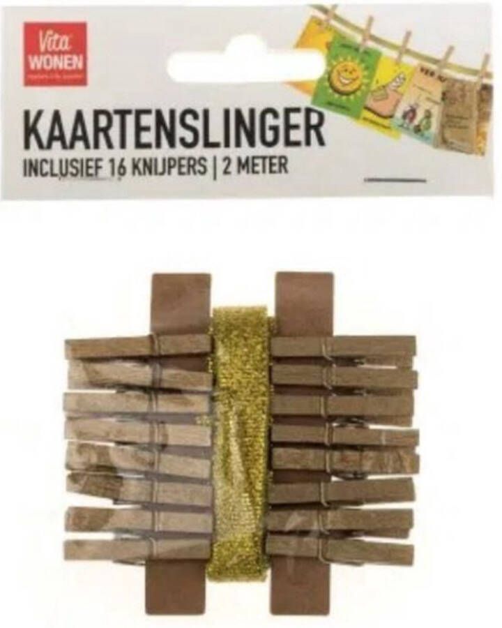 Kaartenslinger Fotoslinger 16 mini wasknijpers 2 meter lint Hout voor fotos en kaarten