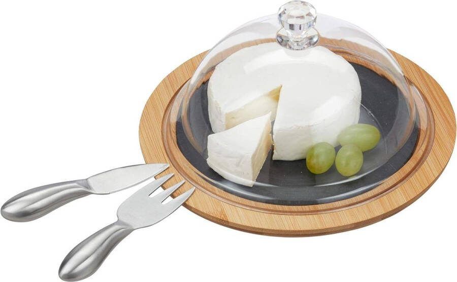 Kaasplank met stalen kaasbestek kaasmes kaasvork serveerplank bamboe leisteen naturel kaasstolp