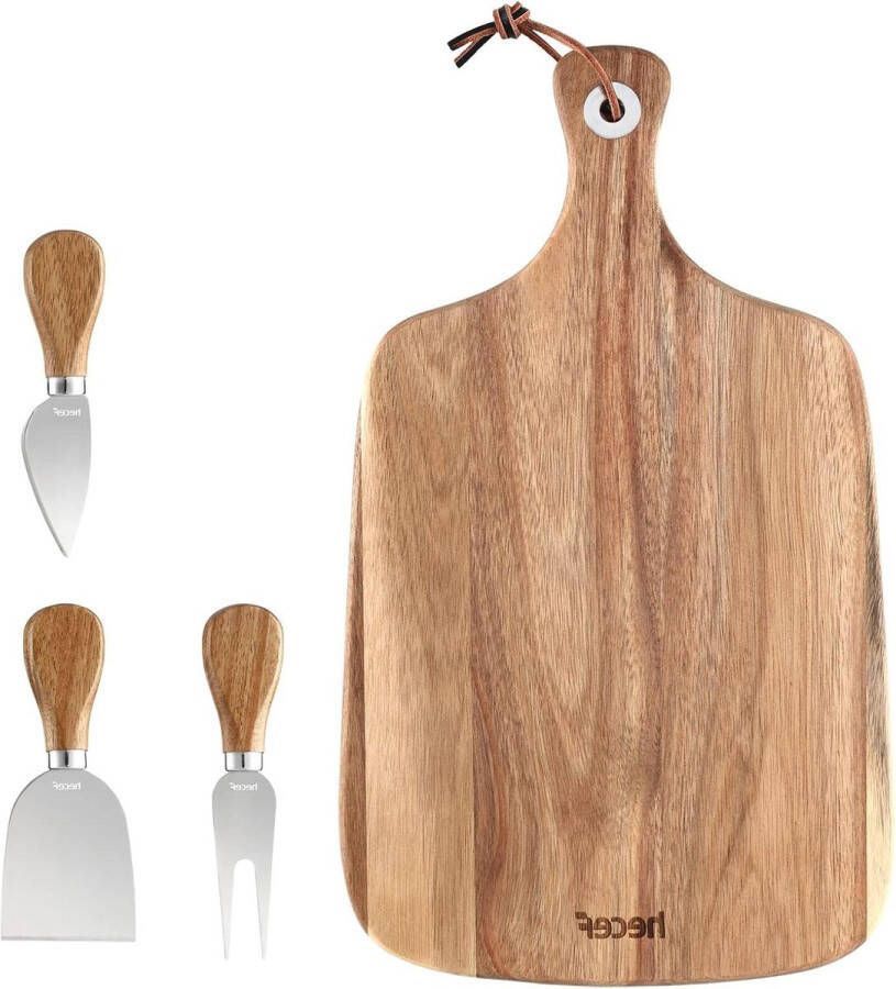 Kaasplank Set van 4 inclusief Acacia Houten Kaasplank Dun Mes en Beitelmes Kaasvork Grotere Kaaskarakteriseerplank voor het Serveren van Kaas Crackers en Fruit